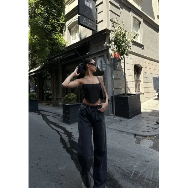 Kadın Arkadan Yırtmaçlı Jeans Kot Palazzo Pantolon - Siyah