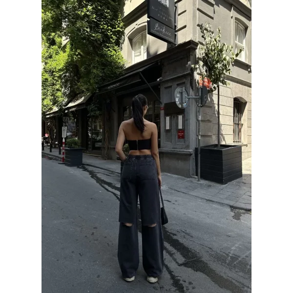 Kadın Arkadan Yırtmaçlı Jeans Kot Palazzo Pantolon - Siyah