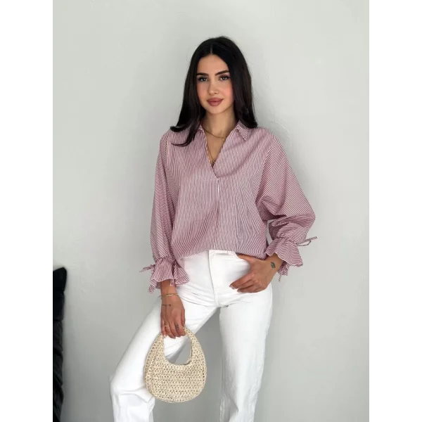 Kadın Arkası Asimetrik Yırtmaç Kesim Detaylı Cizgili Bluz Gömlek - Bordo