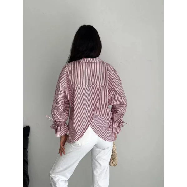 Kadın Arkası Asimetrik Yırtmaç Kesim Detaylı Cizgili Bluz Gömlek - Bordo