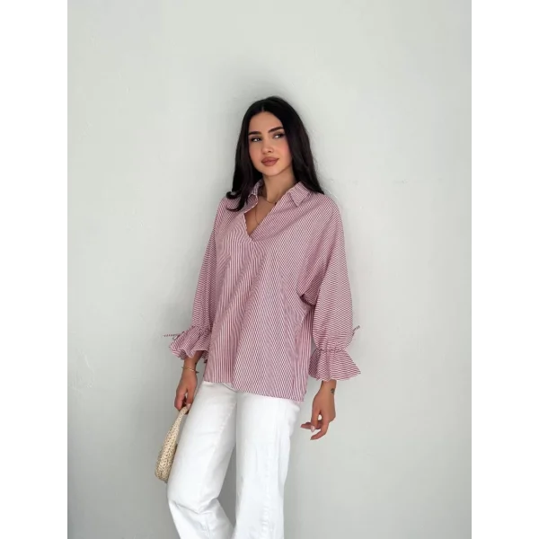 Kadın Arkası Asimetrik Yırtmaç Kesim Detaylı Cizgili Bluz Gömlek - Bordo