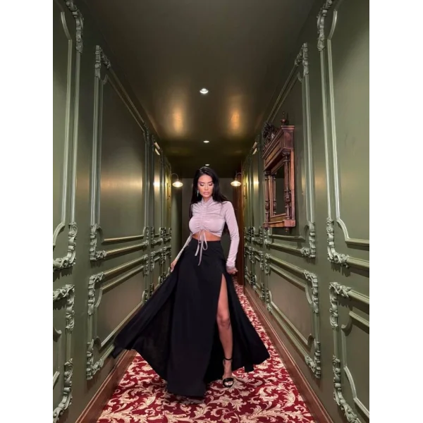 Kadın Asansör Büzgü Detay Krom Ve Derin Yırtmaçlı Maxi Boy Etek Ikili Takım