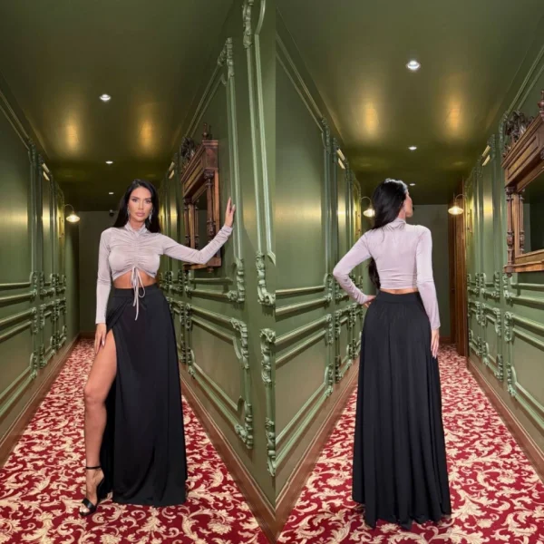 Kadın Asansör Büzgü Detay Krom Ve Derin Yırtmaçlı Maxi Boy Etek Ikili Takım