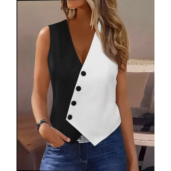 Kadın Asimetrik Kesim Siyah Beyaz önü Düğme Detaylı Ithal Krep Yelek Ceket