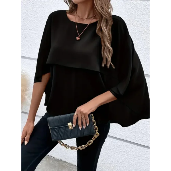 Kadın Asimetrik Pelerin Kollu Yuvarlak Yaka Salaş Sandy Bluz