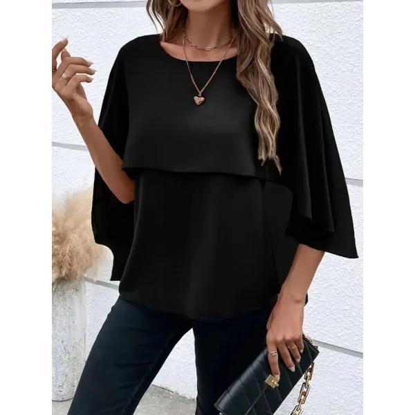 Kadın Asimetrik Pelerin Kollu Yuvarlak Yaka Salaş Sandy Bluz