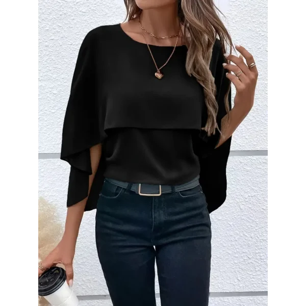 Kadın Asimetrik Pelerin Kollu Yuvarlak Yaka Salaş Sandy Bluz