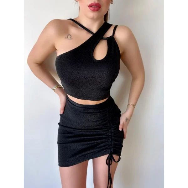 Kadın Asimetrik Yaka Detay Crop Ve Yüksek Bel Mini Etek Ikili Takim