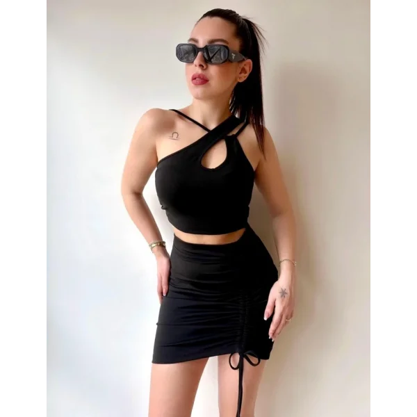Kadın Asimetrik Yaka Detay Crop Ve Yüksek Bel Mini Etek Ikili Takim