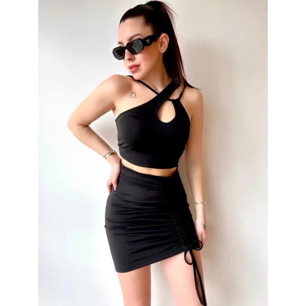 Kadın Asimetrik Yaka Detay Crop Ve Yüksek Bel Mini Etek Ikili Takim