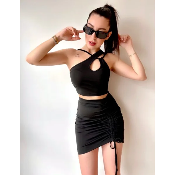 Kadın Asimetrik Yaka Detay Crop Ve Yüksek Bel Mini Etek Ikili Takim