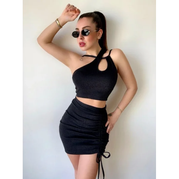 Kadın Asimetrik Yaka Detay Crop Ve Yüksek Bel Mini Etek Ikili Takim