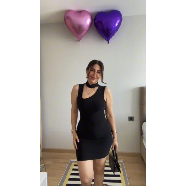 Kadın Asimetrik Yaka Sandy Kumaş Fırsat Ürün Diz Üstü Elbise