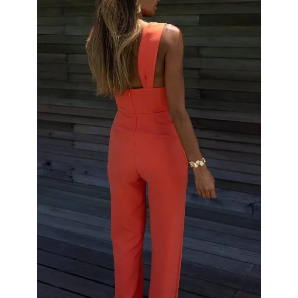 Kadın Asimetrik Yaka Toka Detaylı Sırt Dekolteli Tulum