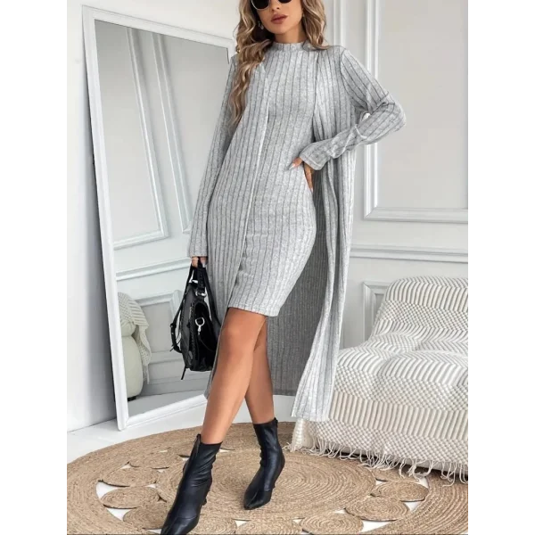 Kadın Askılı Balıkçı Yaka Kısa şardonlu Kaşkorse Elbise Ve Uzun Kollu Ceket Ikili Takım