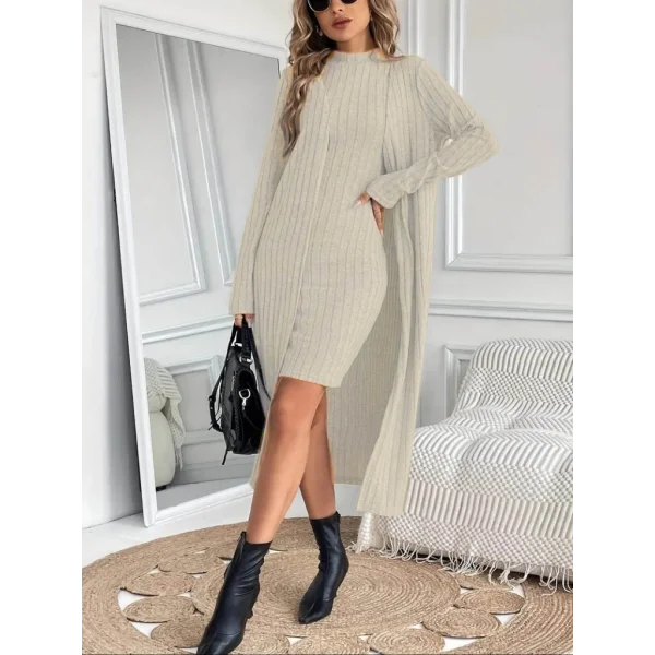 Kadın Askılı Balıkçı Yaka Kısa şardonlu Kaşkorse Elbise Ve Uzun Kollu Ceket Ikili Takım