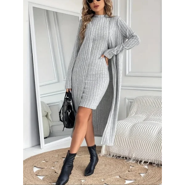 Kadın Askılı Balıkçı Yaka Kısa şardonlu Kaşkorse Elbise Ve Uzun Kollu Ceket Ikili Takım