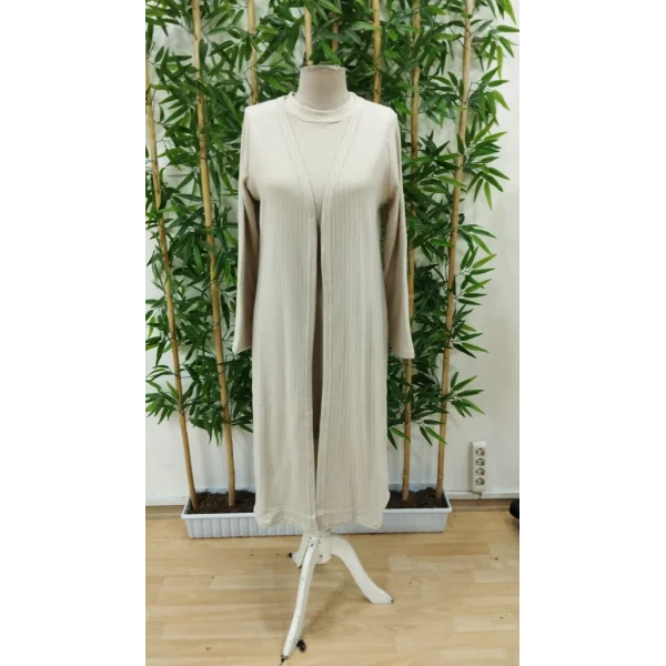 Kadın Askılı Balıkçı Yaka Kısa şardonlu Kaşkorse Elbise Ve Uzun Kollu Ceket Ikili Takım