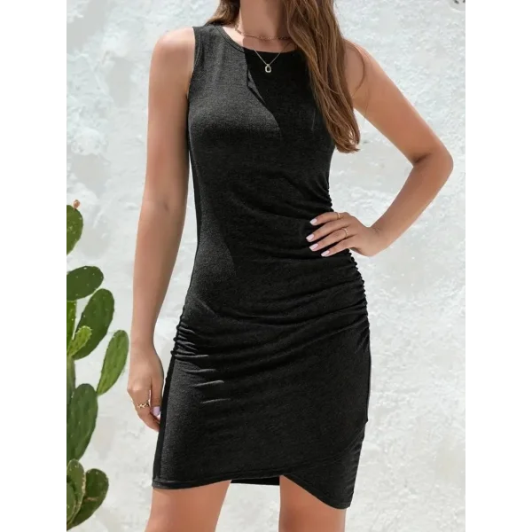 Kadın Askılı Bisiklet Yaka Yandan Büzgülü önden çapraz Detay Viskon Kısa Elbise