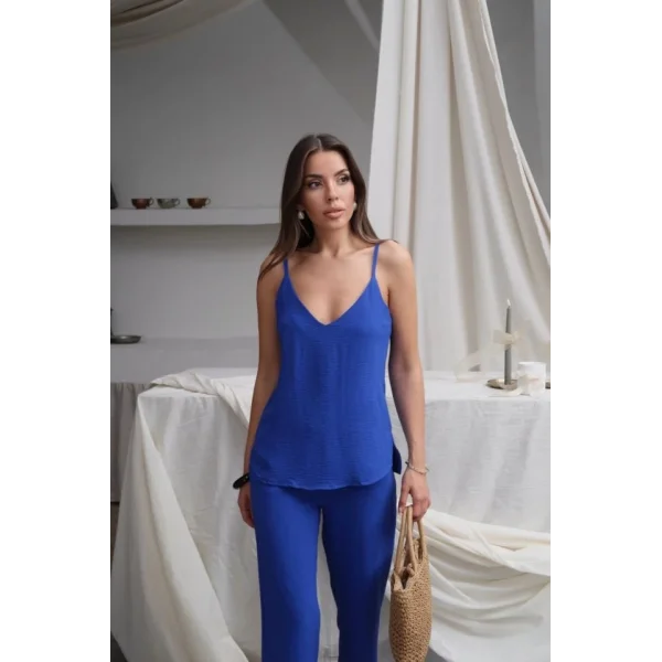 Kadın Askılı Bluz Ve Bol Paça Pantolon Ikili Takım