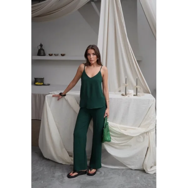 Kadın Askılı Bluz Ve Bol Paça Pantolon Ikili Takım