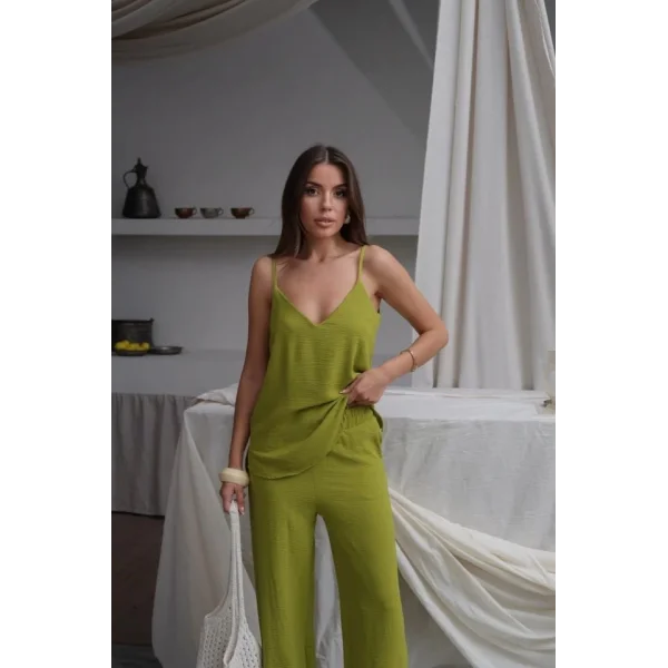 Kadın Askılı Bluz Ve Bol Paça Pantolon Ikili Takım