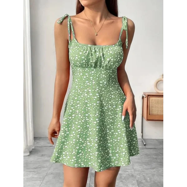 Kadın Askılı Büzgü Detaylı Kare Yaka çiçek Desenli Mini Süprem Elbise