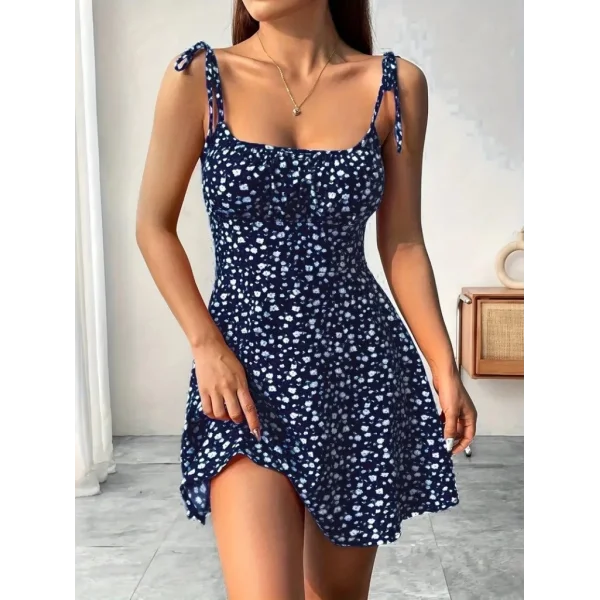 Kadın Askılı Büzgü Detaylı Kare Yaka çiçek Desenli Mini Süprem Elbise