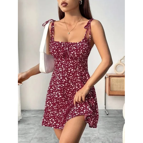 Kadın Askılı Büzgü Detaylı Kare Yaka çiçek Desenli Mini Süprem Elbise