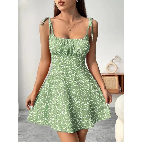 Kadın Askılı Büzgü Detaylı Kare Yaka çiçek Desenli Mini Süprem Elbise