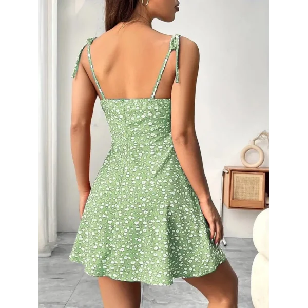 Kadın Askılı Büzgü Detaylı Kare Yaka çiçek Desenli Mini Süprem Elbise