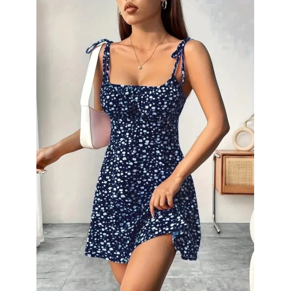 Kadın Askılı Büzgü Detaylı Kare Yaka çiçek Desenli Mini Süprem Elbise