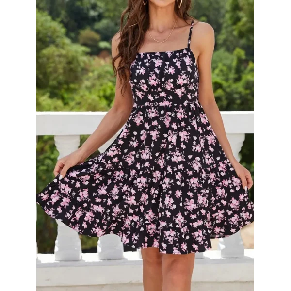 Kadın Askılı çiçek Desenli Süprem Mini Elbise