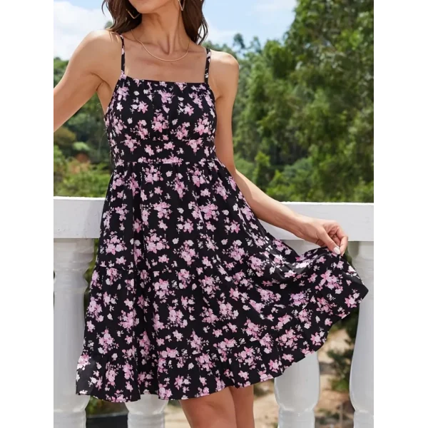 Kadın Askılı çiçek Desenli Süprem Mini Elbise