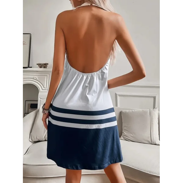 Kadın Askılı çıpa Baskılı Sırtı Açık Kısa Süprem Elbise