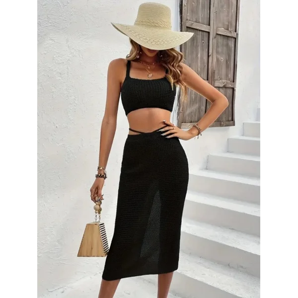 Kadın Askılı Crop Bel Detaylı Derin Yırtmaçlı Etek Triko Ikili Takım