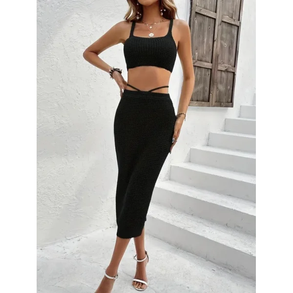 Kadın Askılı Crop Bel Detaylı Derin Yırtmaçlı Etek Triko Ikili Takım