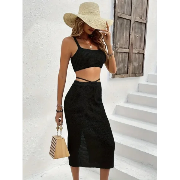 Kadın Askılı Crop Ve Bel Detaylı Derin Yırtmaçlı Etek Ikili Takım