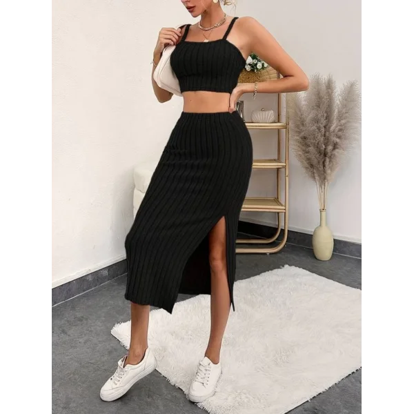 Kadın Askılı Crop Yırtmaçlı Midi Etek Fitilli Kaşkorse Takım