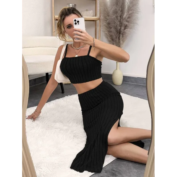 Kadın Askılı Crop Yırtmaçlı Midi Etek Fitilli Kaşkorse Takım