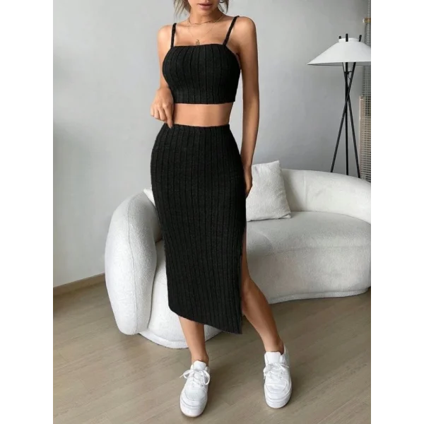 Kadın Askılı Crop Yırtmaçlı Midi Etek Fitilli Kaşkorse Takım