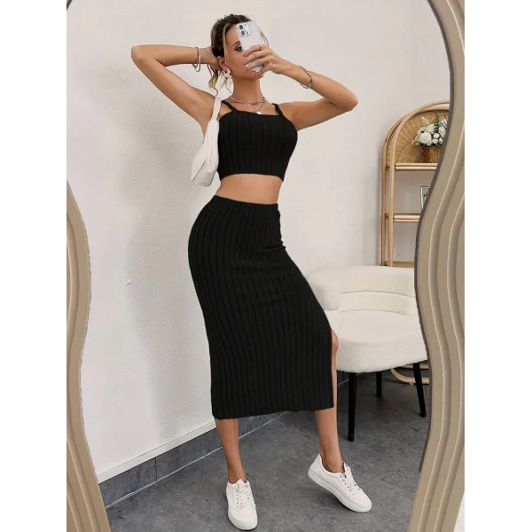 Kadın Askılı Crop Yırtmaçlı Midi Etek Fitilli Kaşkorse Takım