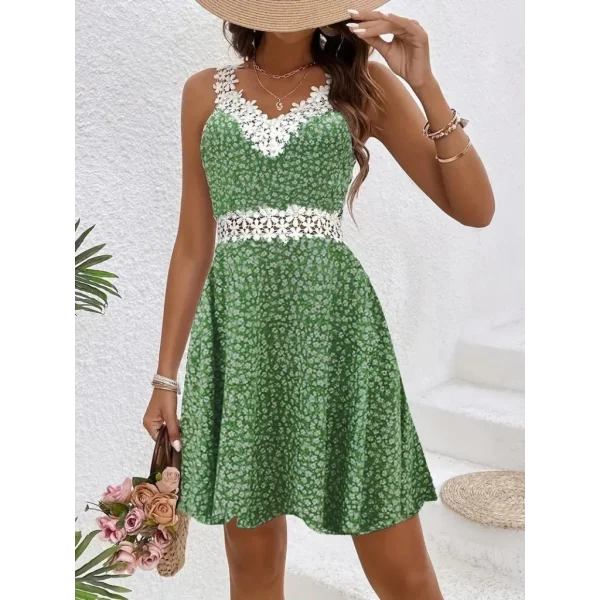 Kadın Askılı Dantel Yakalı çiçek Desenli Süprem Elbise