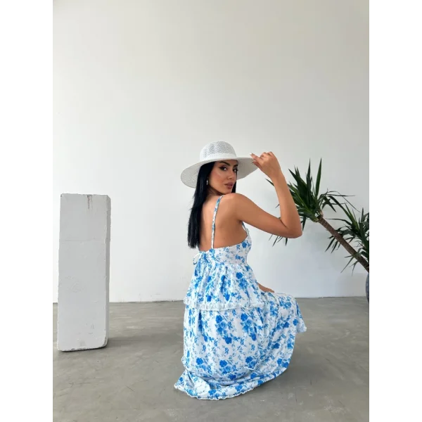 Kadın Askılı Dekolteli Yırtmaç Detay çiçek Baskılı Süprem Midi Elbise