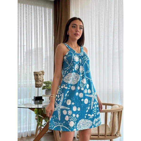 Kadın Askılı Deniz Yıldızı Desenli Süprem Elbise