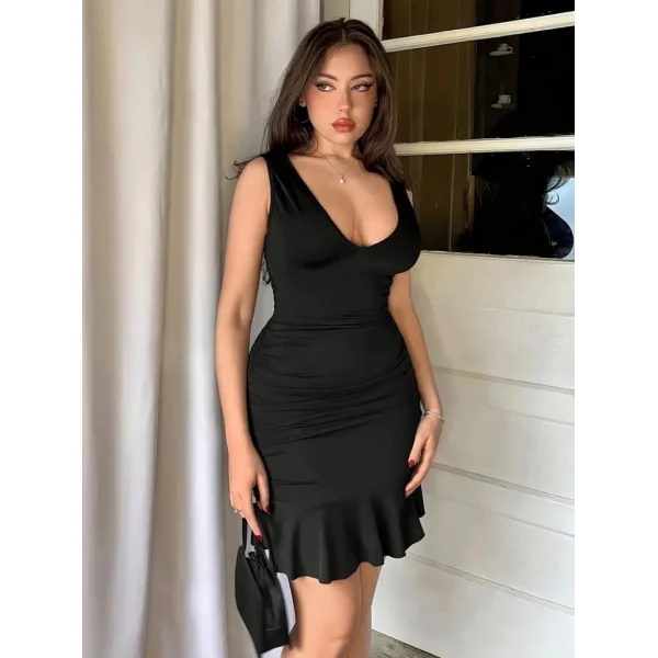 Kadın Askılı Derin V Dekolteli Fırfırlı Janjan Krep Elbise