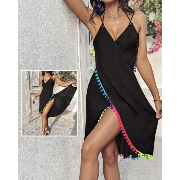 Kadın Askılı Derin V Yakalı çapraz Geçmeli Ponponlu Bürümcük Pareo