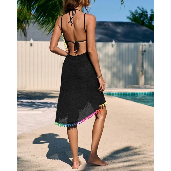 Kadın Askılı Derin V Yakalı çapraz Geçmeli Ponponlu Bürümcük Pareo