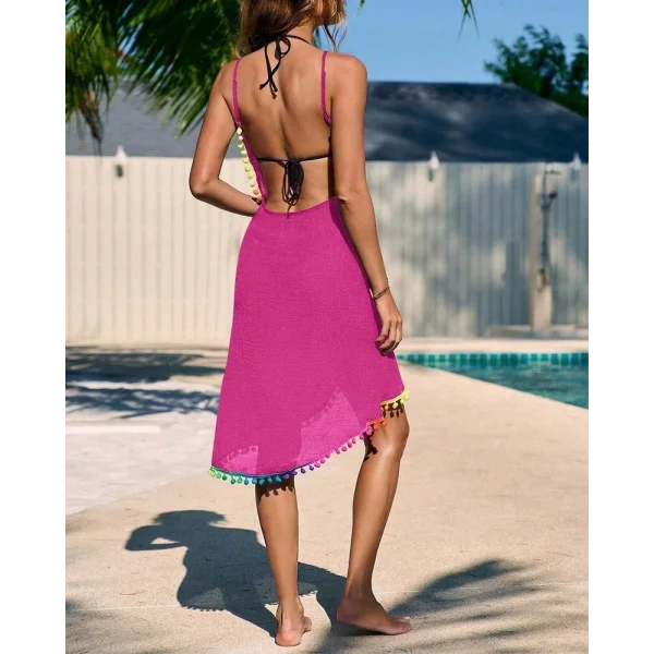 Kadın Askılı Derin V Yakalı çapraz Geçmeli Ponponlu Bürümcük Pareo