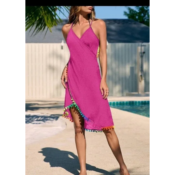 Kadın Askılı Derin V Yakalı çapraz Geçmeli Ponponlu Bürümcük Pareo